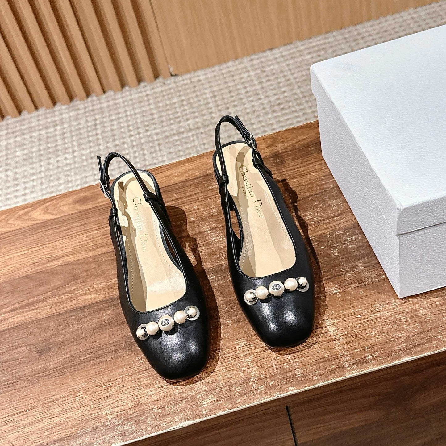 DIOR HIGH SLINGBACK 55 MM 25S IN BLACK LAMBSKIN PEARL DETAILING - 35
