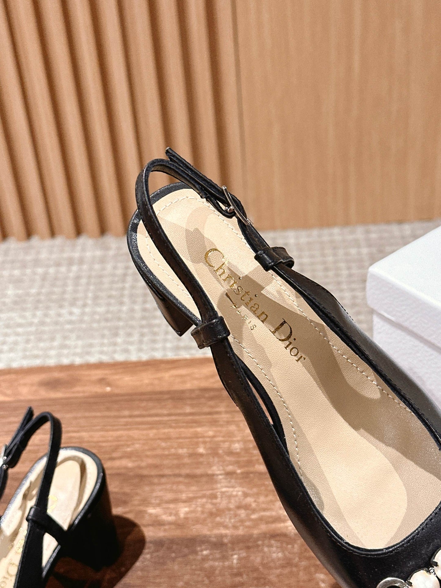 DIOR HIGH SLINGBACK 55 MM 25S IN BLACK LAMBSKIN PEARL DETAILING - 35