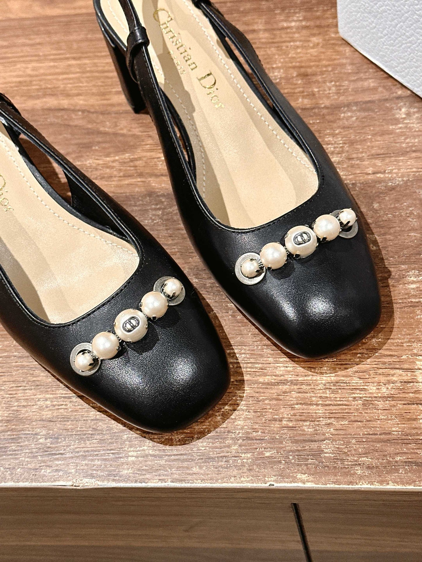 DIOR HIGH SLINGBACK 55 MM 25S IN BLACK LAMBSKIN PEARL DETAILING - 35