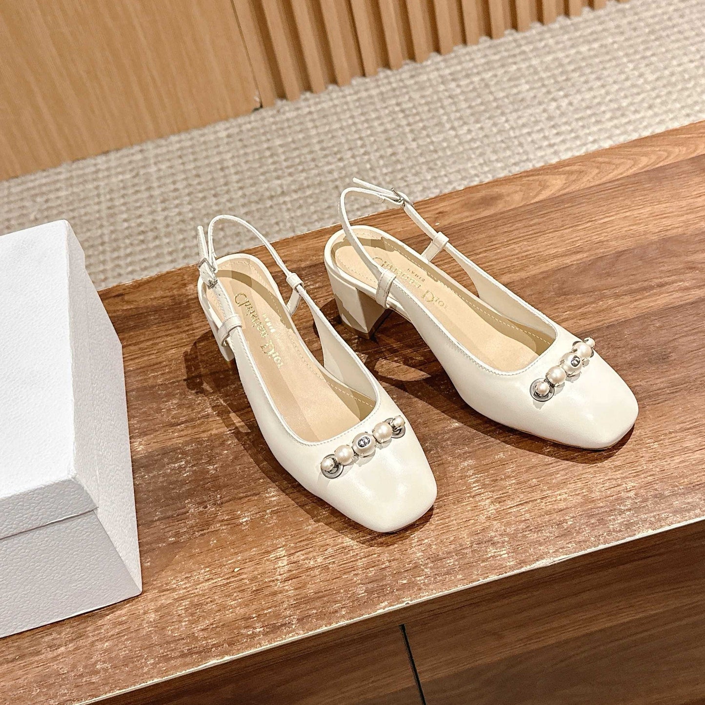 DIOR HIGH SLINGBACK 55 MM 25S IN CREAM WHITE LAMBSKIN PEARL DETAILING - 35