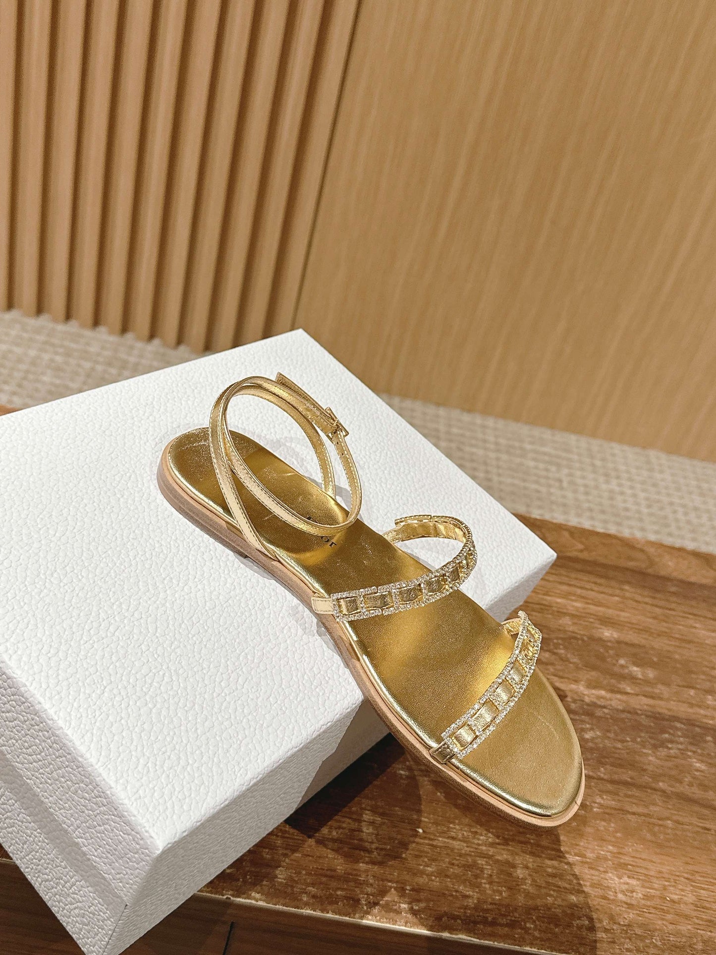 DIOR TWO-STRAP RHINESTONE SANDALS IN GOLD LAMBSKIN - 35