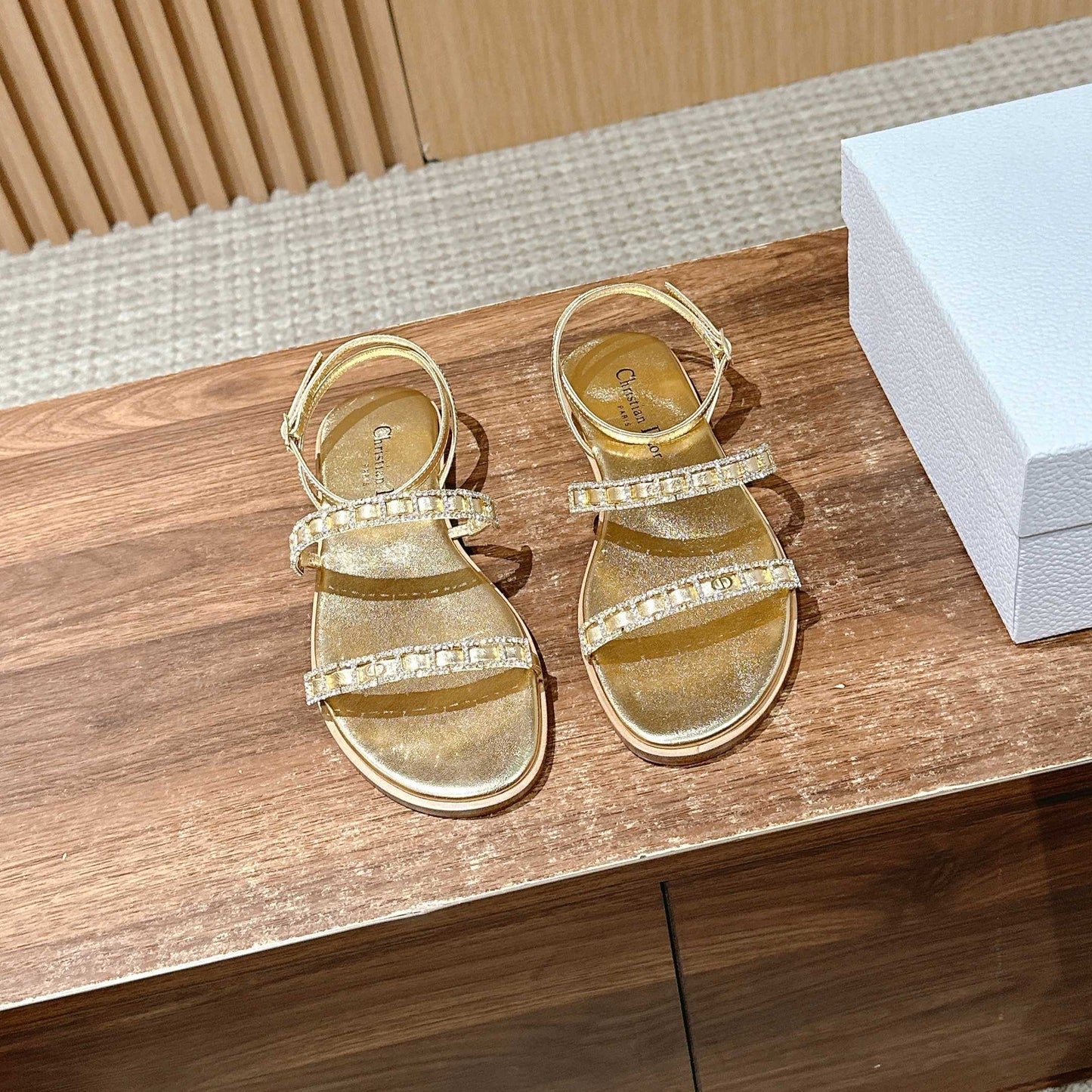 DIOR TWO-STRAP RHINESTONE SANDALS IN GOLD LAMBSKIN - 35