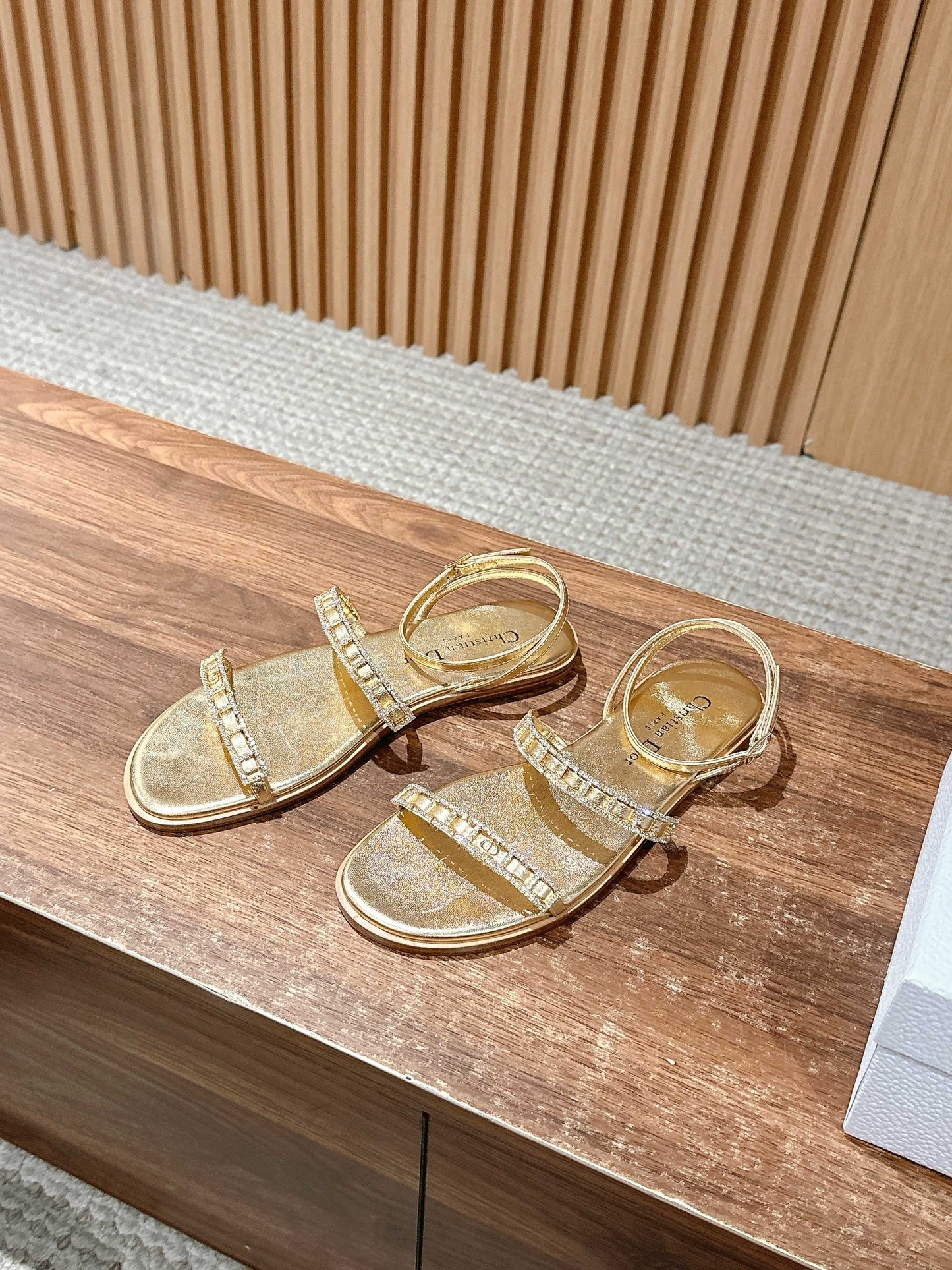 DIOR TWO-STRAP RHINESTONE SANDALS IN GOLD LAMBSKIN - 35
