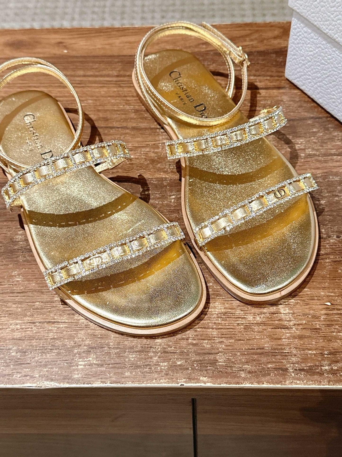 DIOR TWO-STRAP RHINESTONE SANDALS IN GOLD LAMBSKIN - 35