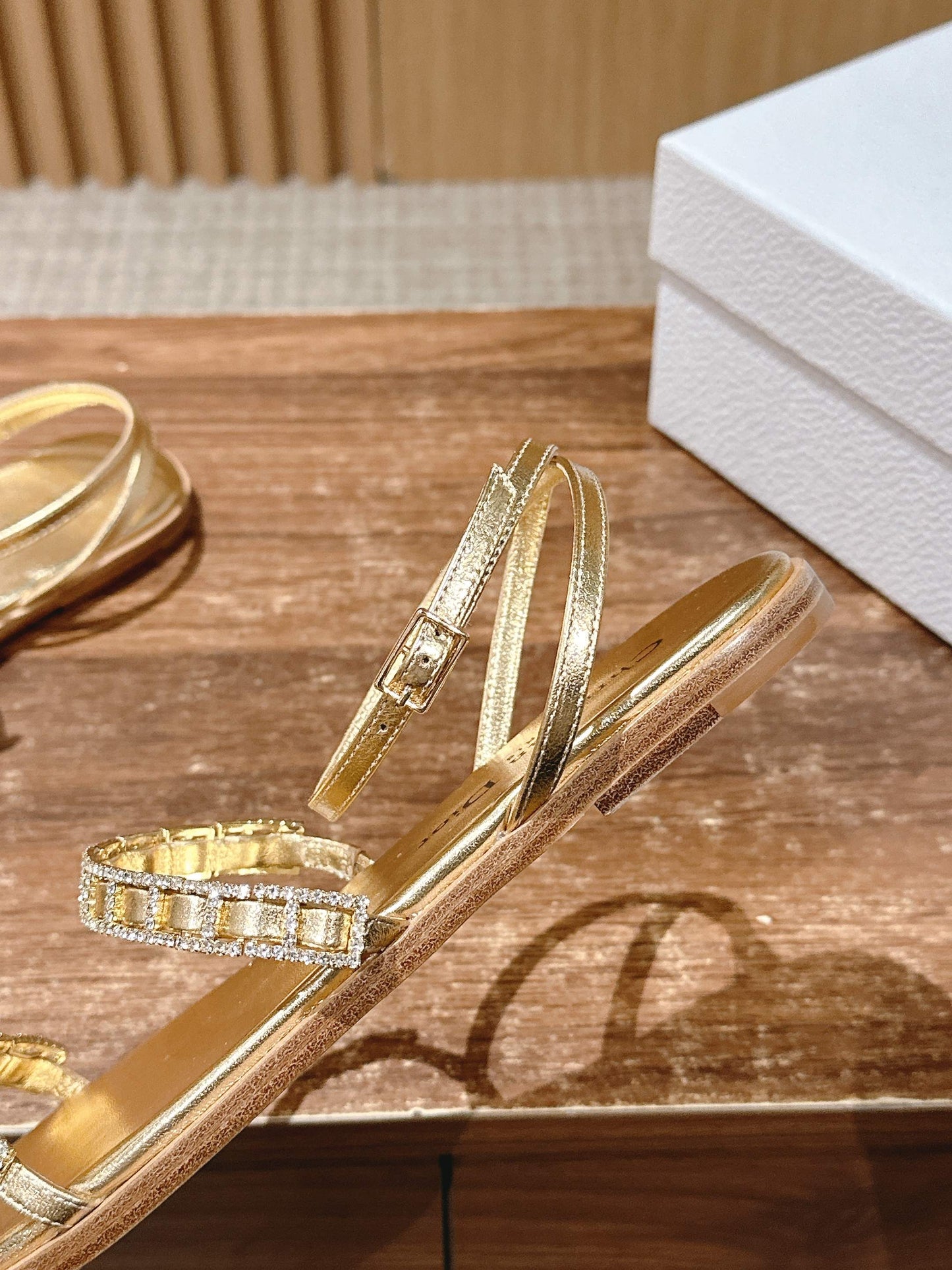 DIOR TWO-STRAP RHINESTONE SANDALS IN GOLD LAMBSKIN - 35