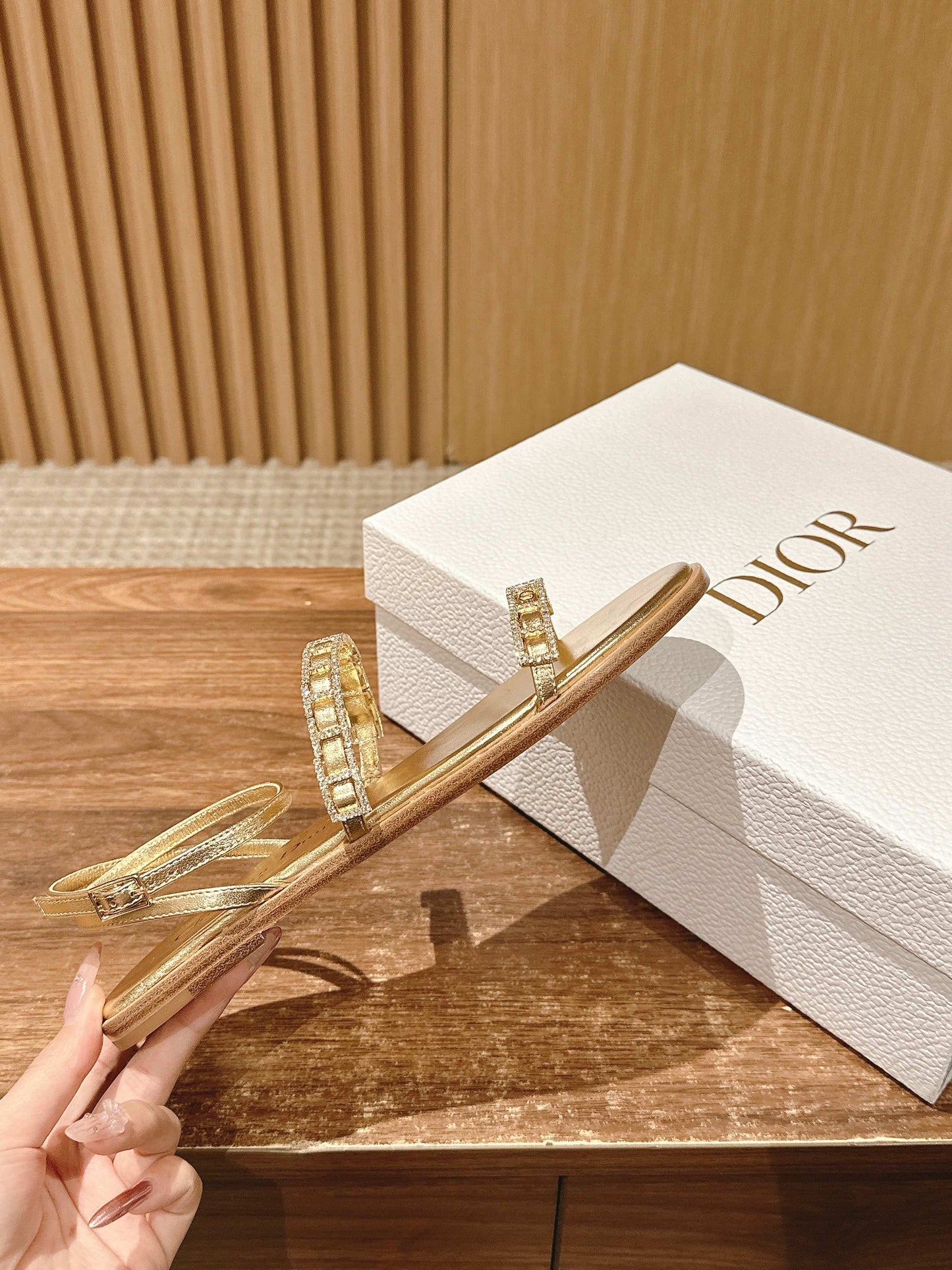 DIOR TWO-STRAP RHINESTONE SANDALS IN GOLD LAMBSKIN - 35