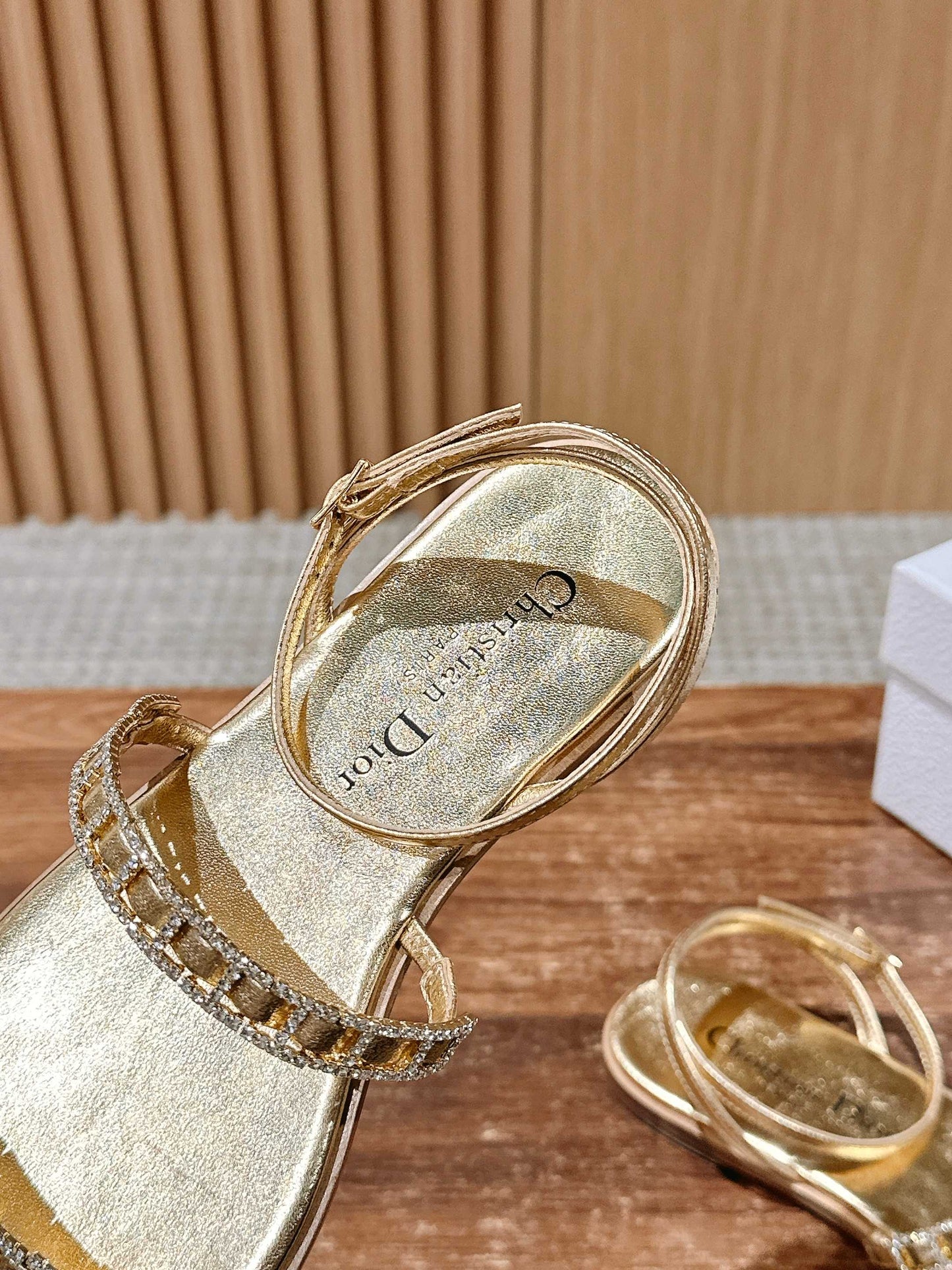 DIOR TWO-STRAP RHINESTONE SANDALS IN GOLD LAMBSKIN - 35