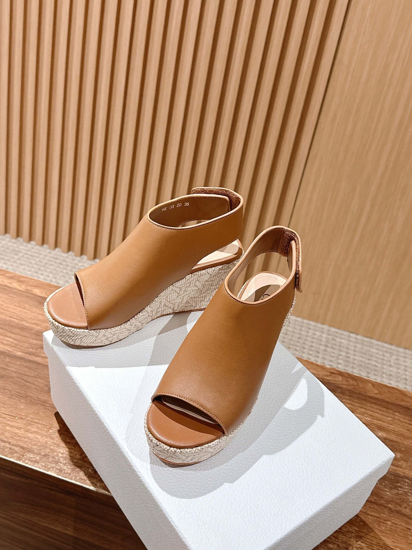 ATTITUDE WEDGE HIGH SLINGBACK 90MM IN BROWN CALFSKIN CANVAS SOLE - 35