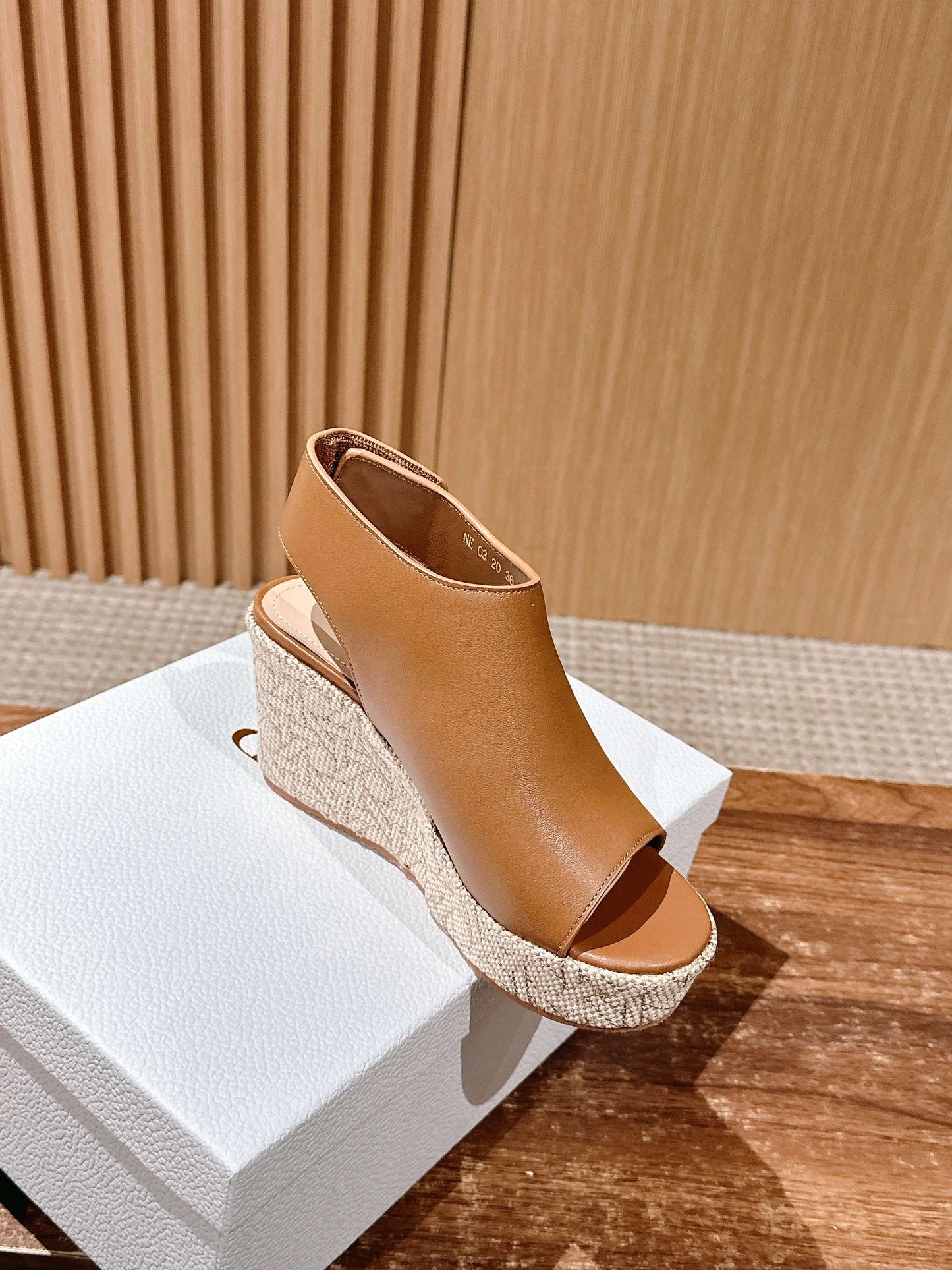ATTITUDE WEDGE HIGH SLINGBACK 90MM IN BROWN CALFSKIN CANVAS SOLE - 35
