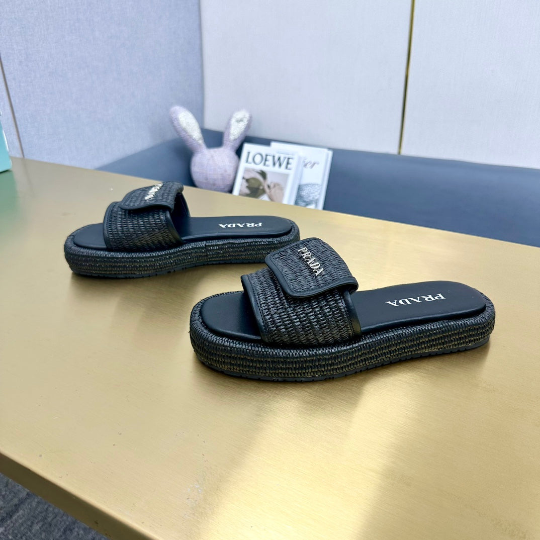 PRA CROCHET SLIDES SLIPPERS BLACK RAFFIA - 35
