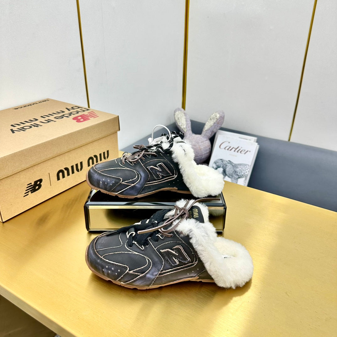 MIUxNB 530 SNEAKER MULES IN BLACK CALFSKIN SHEARLING - 35