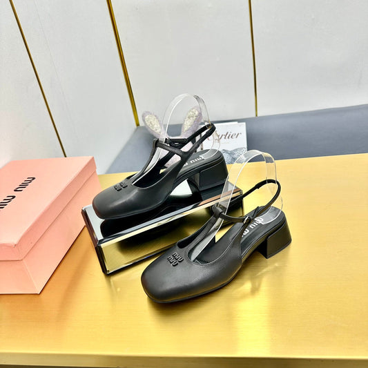 T-STRAPS SLINGBACK PUMPS IN BLACK SMOOTH LAMBSKIN - 35