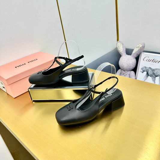 T-STRAPS SLINGBACK PUMPS IN BLACK SMOOTH LAMBSKIN - 35