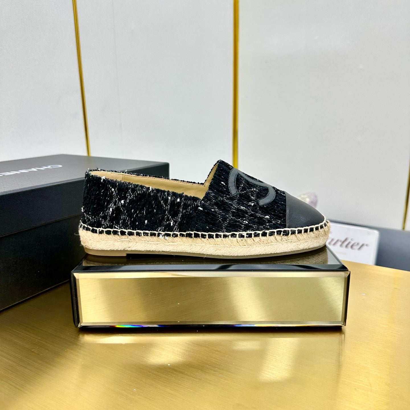 CC ESPADRILLES PLATFORM 25S IN BLACK TWEED AND LAMBSKIN WITH WHITE STRIPES - 34