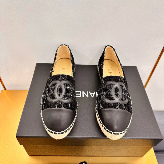 CC ESPADRILLES PLATFORM 25S IN BLACK TWEED AND LAMBSKIN WITH WHITE STRIPES - 34