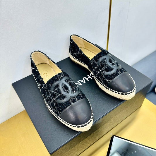 CC ESPADRILLES PLATFORM 25S IN BLACK TWEED AND LAMBSKIN WITH WHITE STRIPES - 34