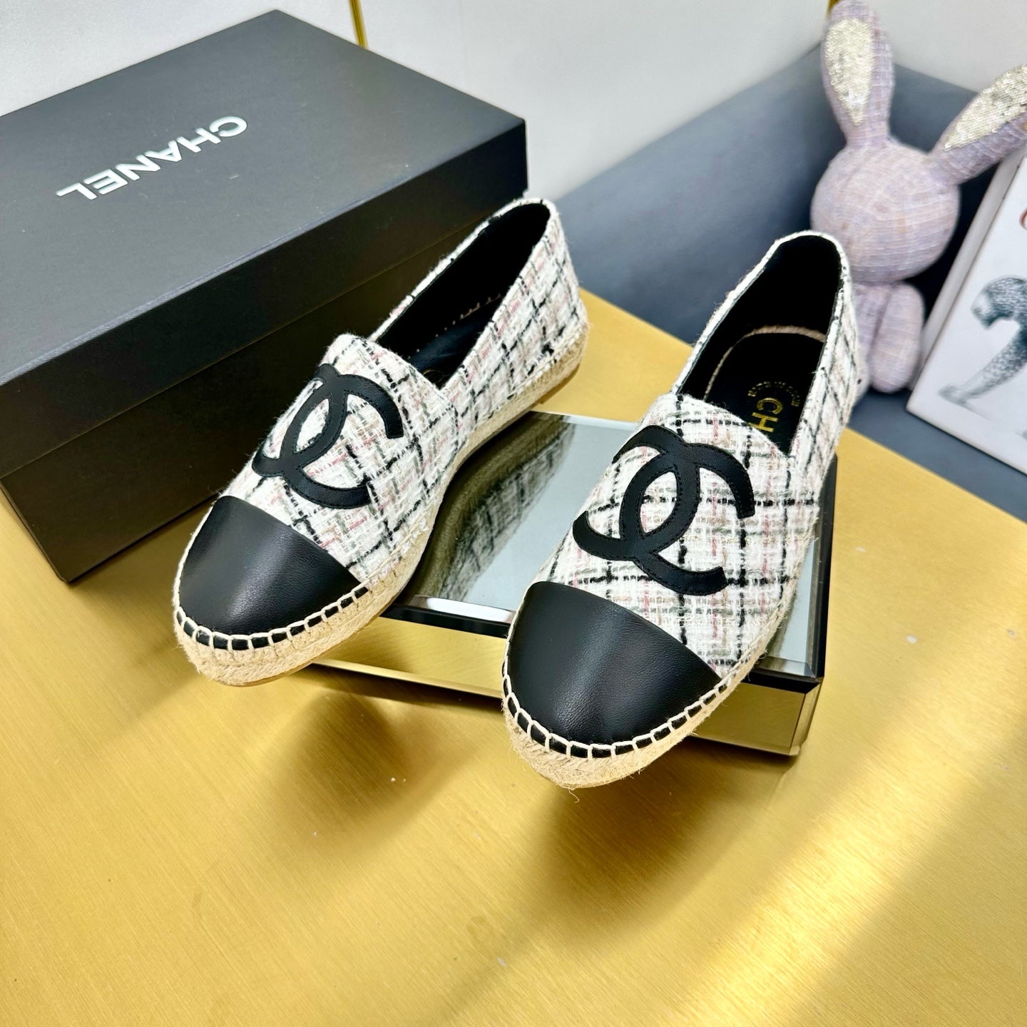 CC ESPADRILLES PLATFORM 25S MIX COLOR TWEED AND BLACK LAMBSKIN - 34