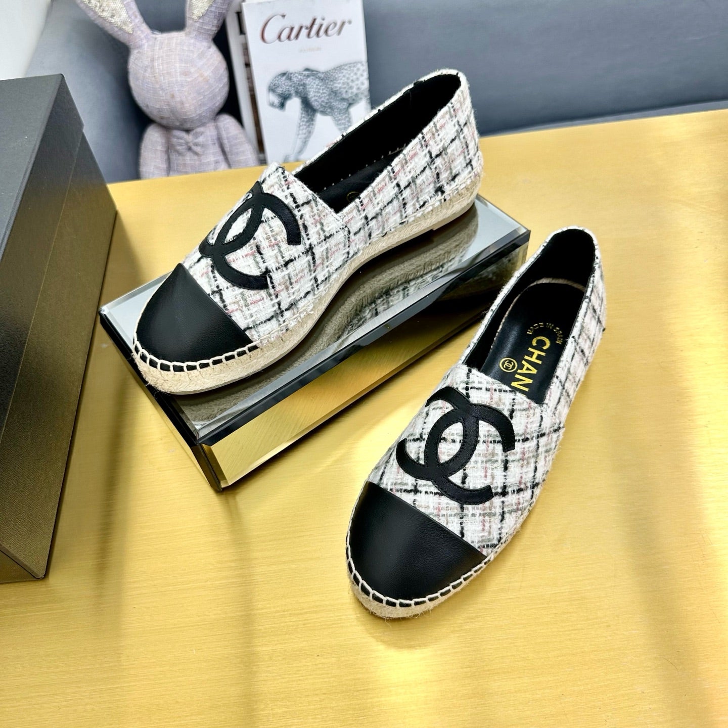 CC ESPADRILLES PLATFORM 25S MIX COLOR TWEED AND BLACK LAMBSKIN - 34