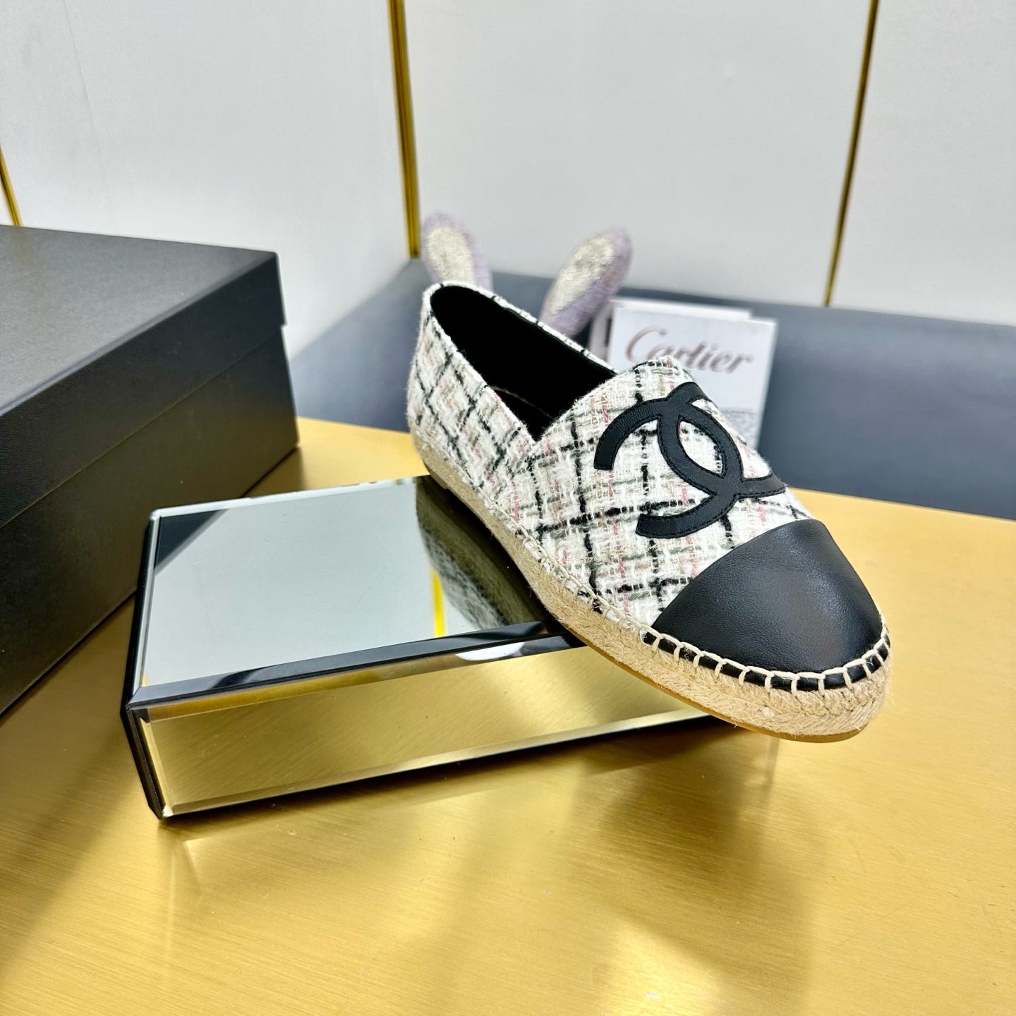 CC ESPADRILLES PLATFORM 25S MIX COLOR TWEED AND BLACK LAMBSKIN - 34