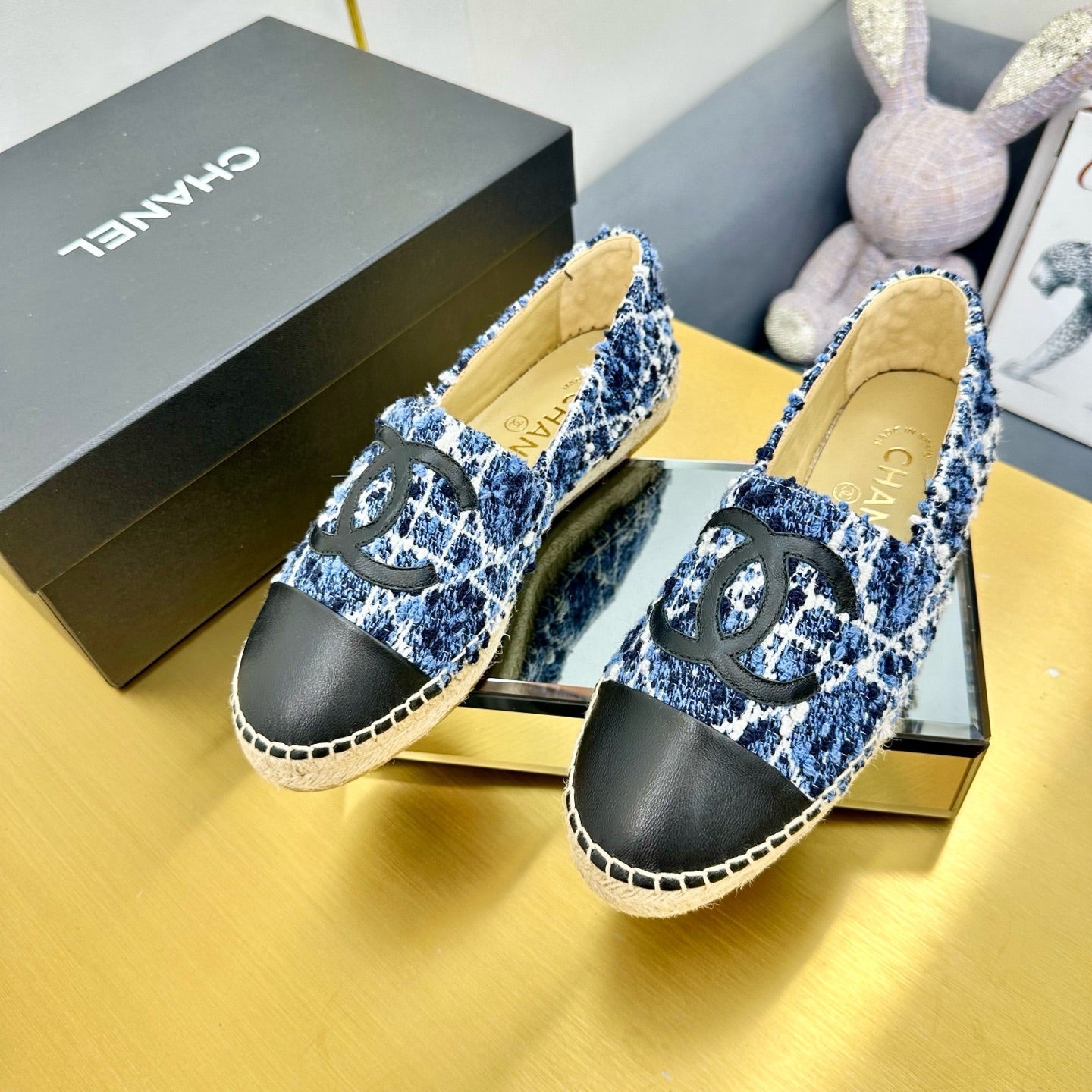 CC ESPADRILLES PLATFORM 25S IN BLUE TWEED MIX BLACK CALFSKIN - 34