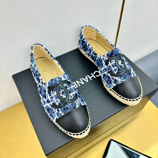 CC ESPADRILLES PLATFORM 25S IN BLUE TWEED MIX BLACK CALFSKIN - 34
