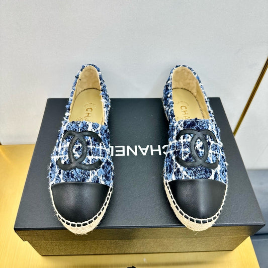 CC ESPADRILLES PLATFORM 25S IN BLUE TWEED MIX BLACK CALFSKIN - 34