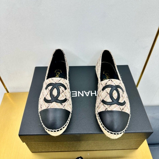 CC ESPADRILLES PLATFORM 25S IN LIGHT BEIGE TWEED MIX BLACK CALFSKIN WITH PLAID PATTERN - 34