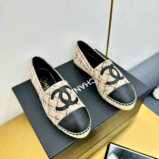 CC ESPADRILLES PLATFORM 25S IN LIGHT BEIGE TWEED MIX BLACK CALFSKIN WITH PLAID PATTERN - 34