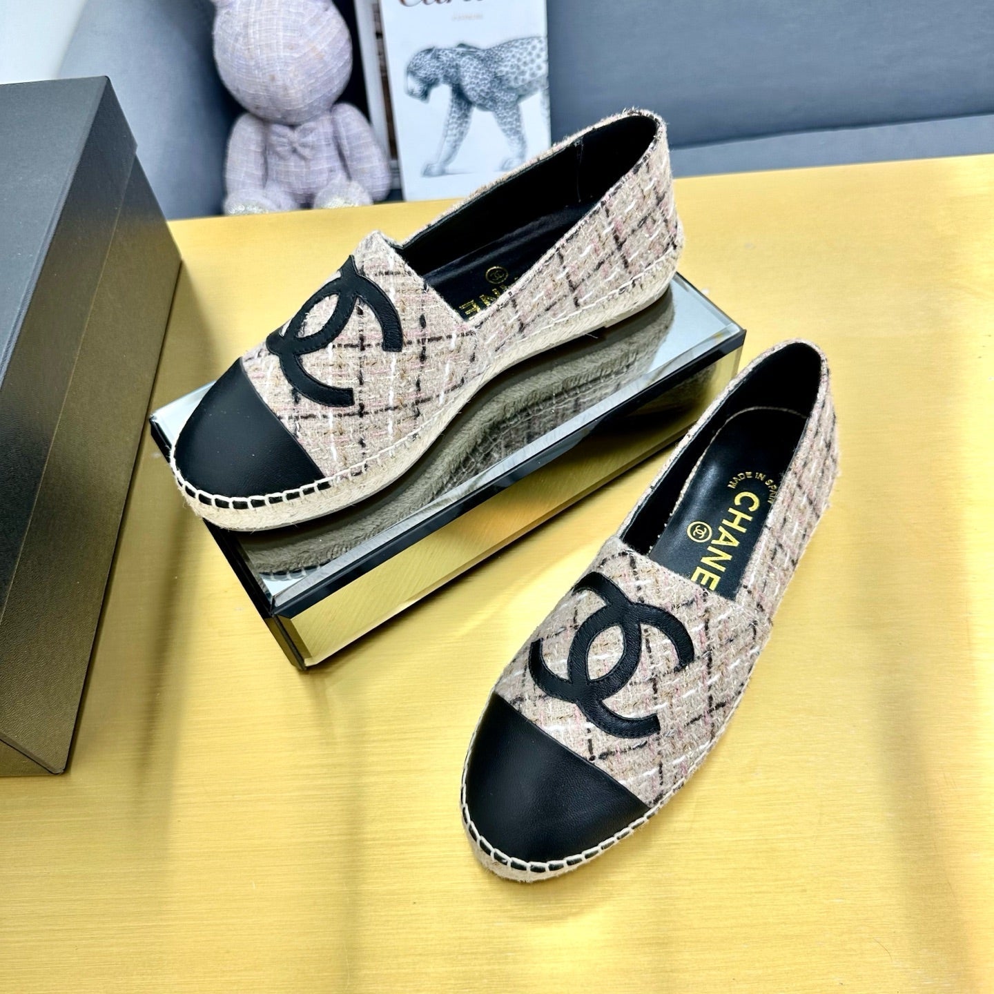 CC ESPADRILLES PLATFORM 25S IN LIGHT BEIGE TWEED MIX BLACK CALFSKIN WITH PLAID PATTERN - 34