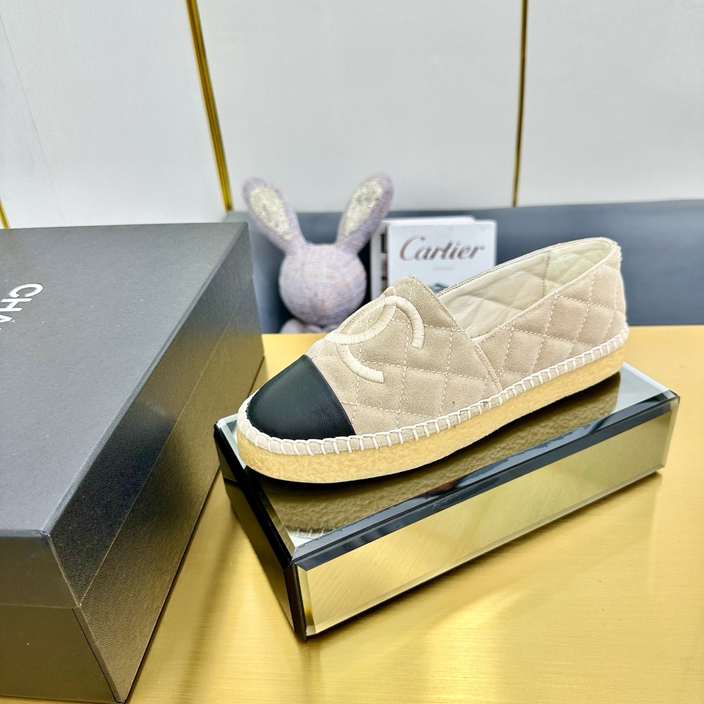 CC ESPADRILLES PLATFORM 25S IN LIGHT BEIGE SUEDE MIX BLACK CALFSKIN - 34