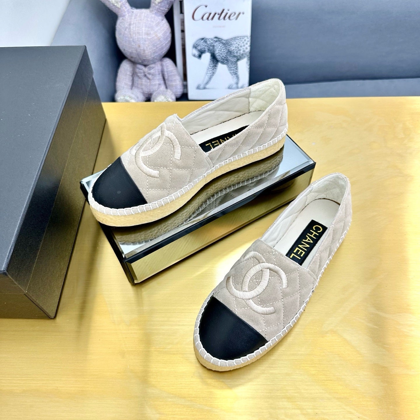 CC ESPADRILLES PLATFORM 25S IN LIGHT BEIGE SUEDE MIX BLACK CALFSKIN - 34
