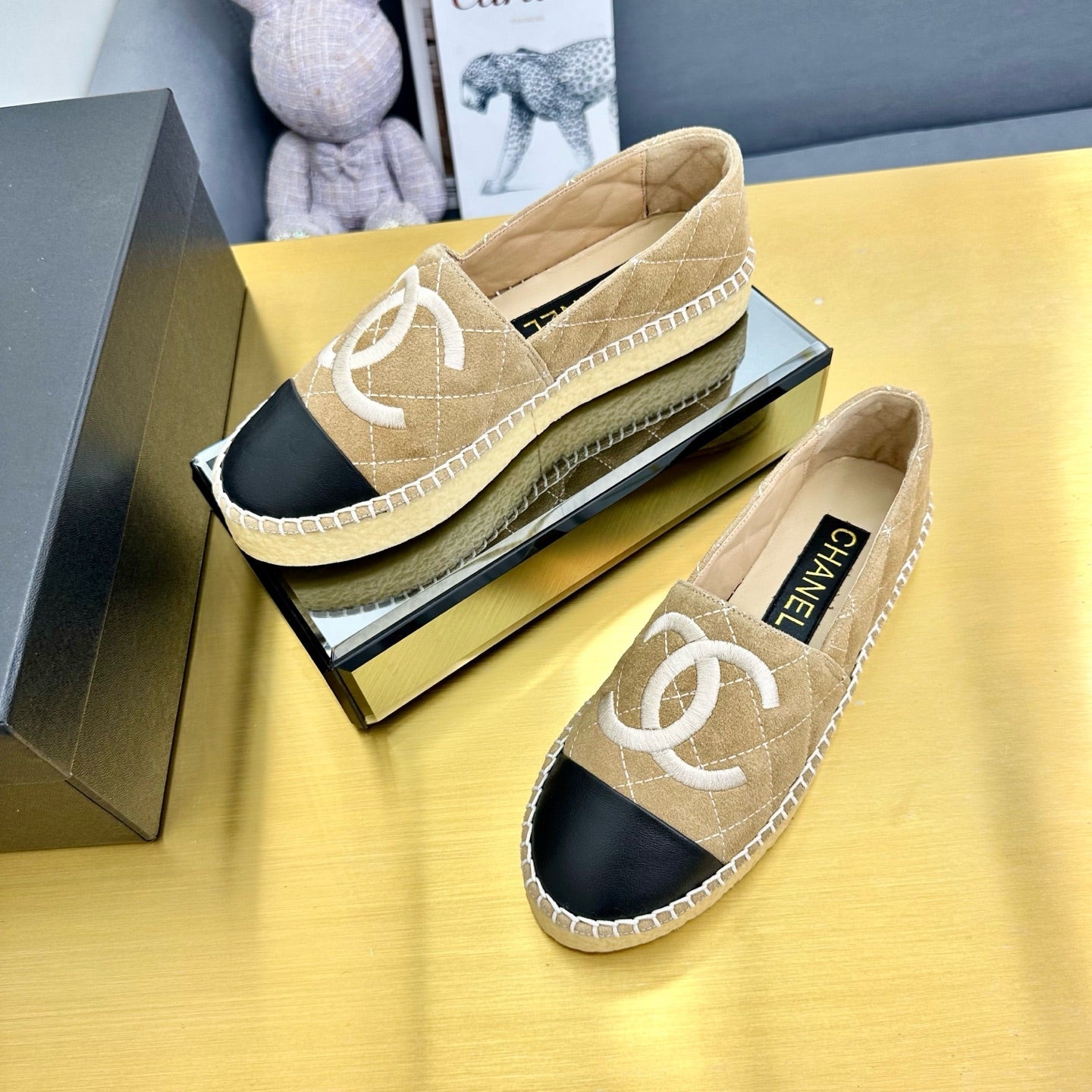 CC ESPADRILLES PLATFORM 25S IN BEIGE SUEDE MIX BLACK CALFSKIN - 34