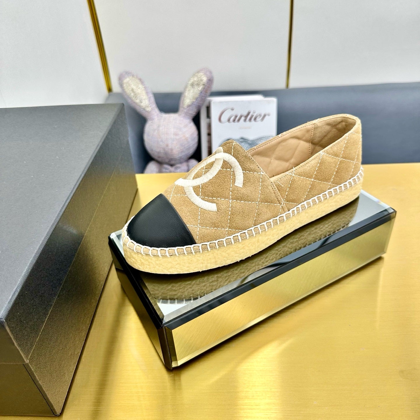 CC ESPADRILLES PLATFORM 25S IN BEIGE SUEDE MIX BLACK CALFSKIN - 34