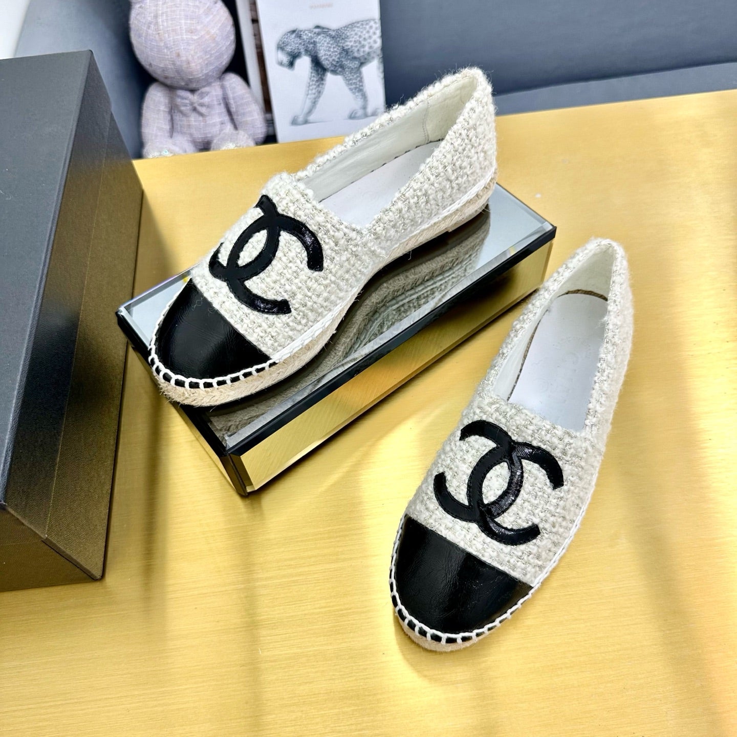 CC ESPADRILLES PLATFORM 25S IN WHITE TWEED MIX BLACK GLOSSY LEATHER - 34
