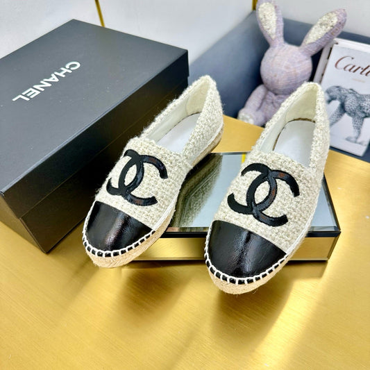 CC ESPADRILLES PLATFORM 25S IN WHITE TWEED MIX BLACK GLOSSY LEATHER - 34