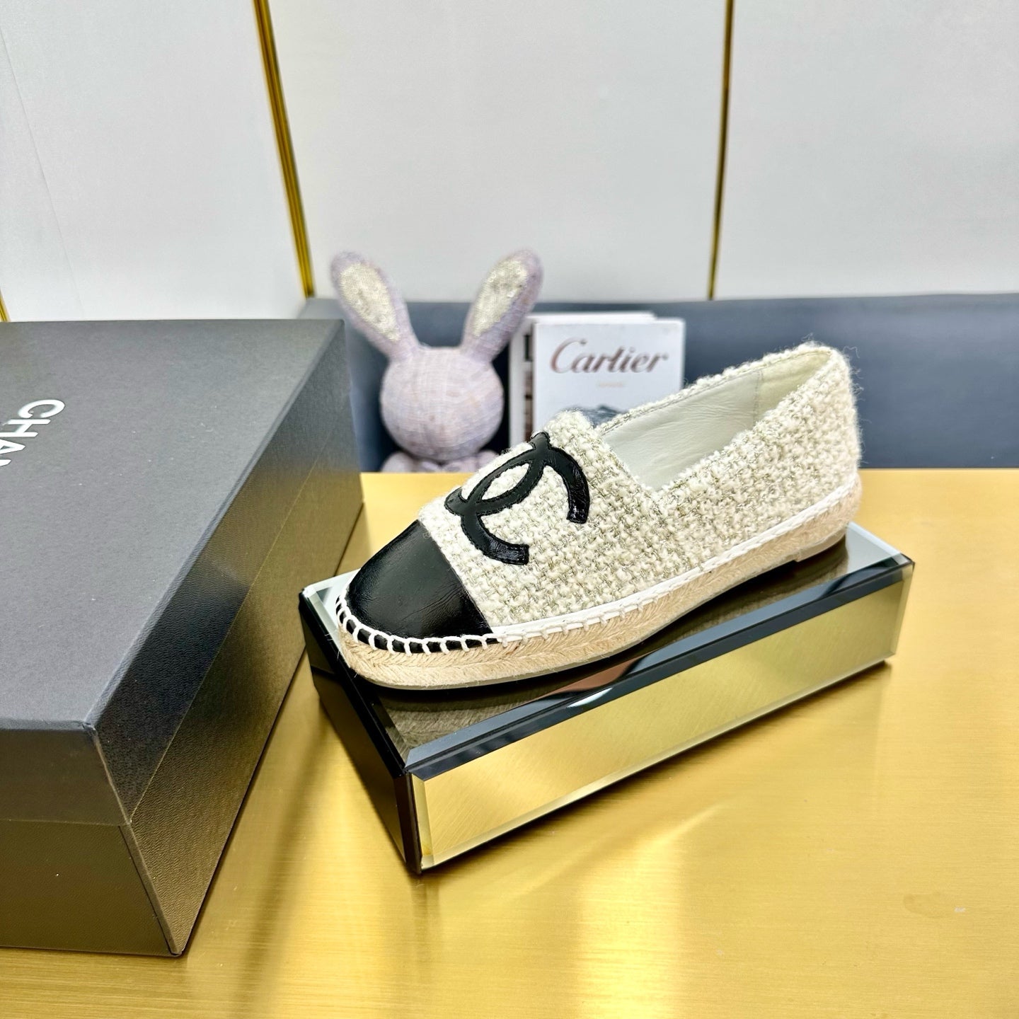 CC ESPADRILLES PLATFORM 25S IN WHITE TWEED MIX BLACK GLOSSY LEATHER - 34