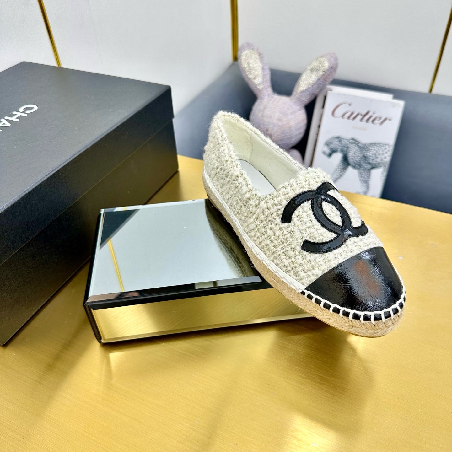 CC ESPADRILLES PLATFORM 25S IN WHITE TWEED MIX BLACK GLOSSY LEATHER - 34