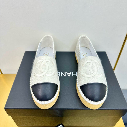 CC ESPADRILLES PLATFORM 25S IN WHITE TWEED MIX BLACK CALFSKIN - 34