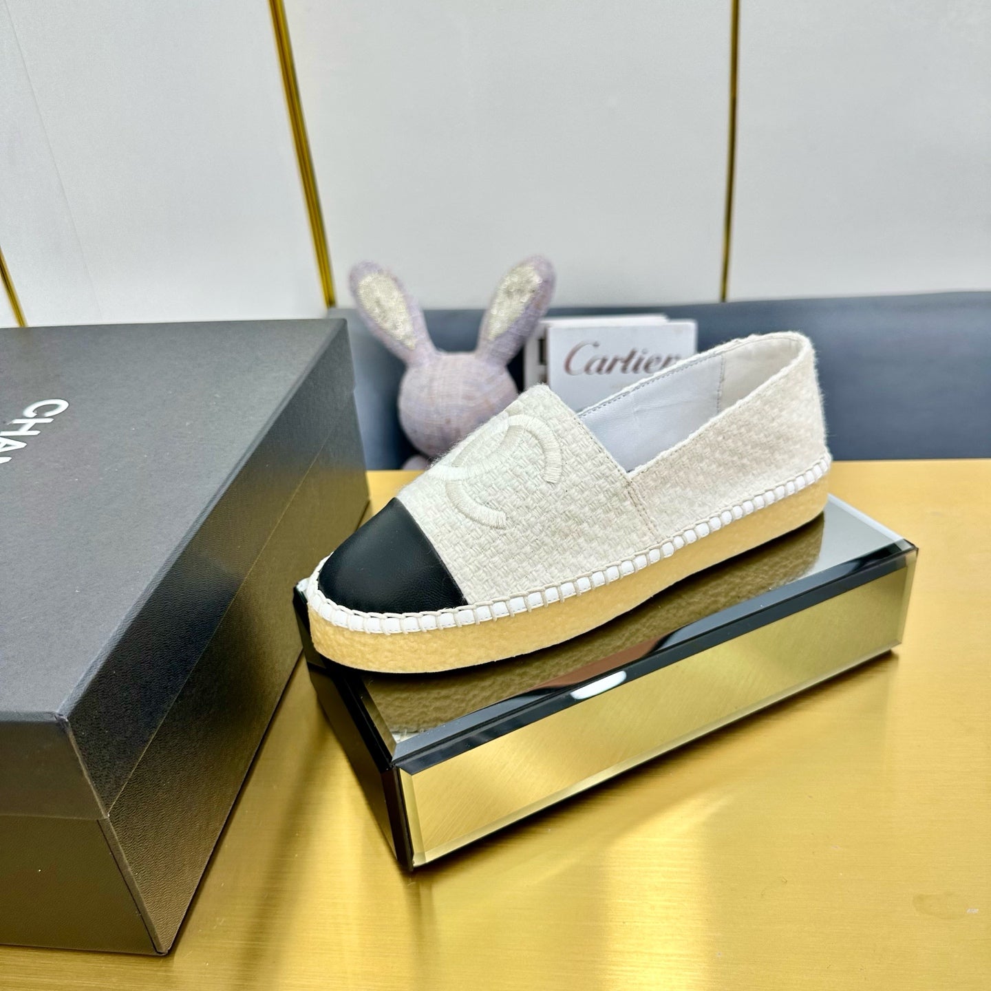 CC ESPADRILLES PLATFORM 25S IN WHITE TWEED MIX BLACK CALFSKIN - 34