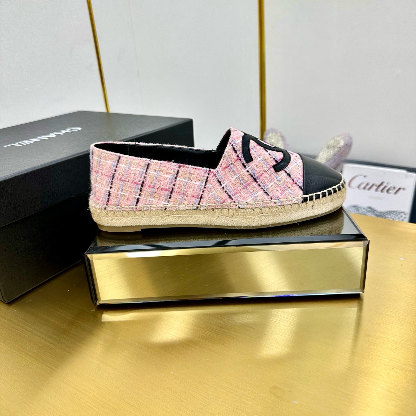 CC ESPADRILLES PLATFORM 25S IN PINK TWEED MIX BLACK CALFSKIN WITH LINED PATTERN - 34
