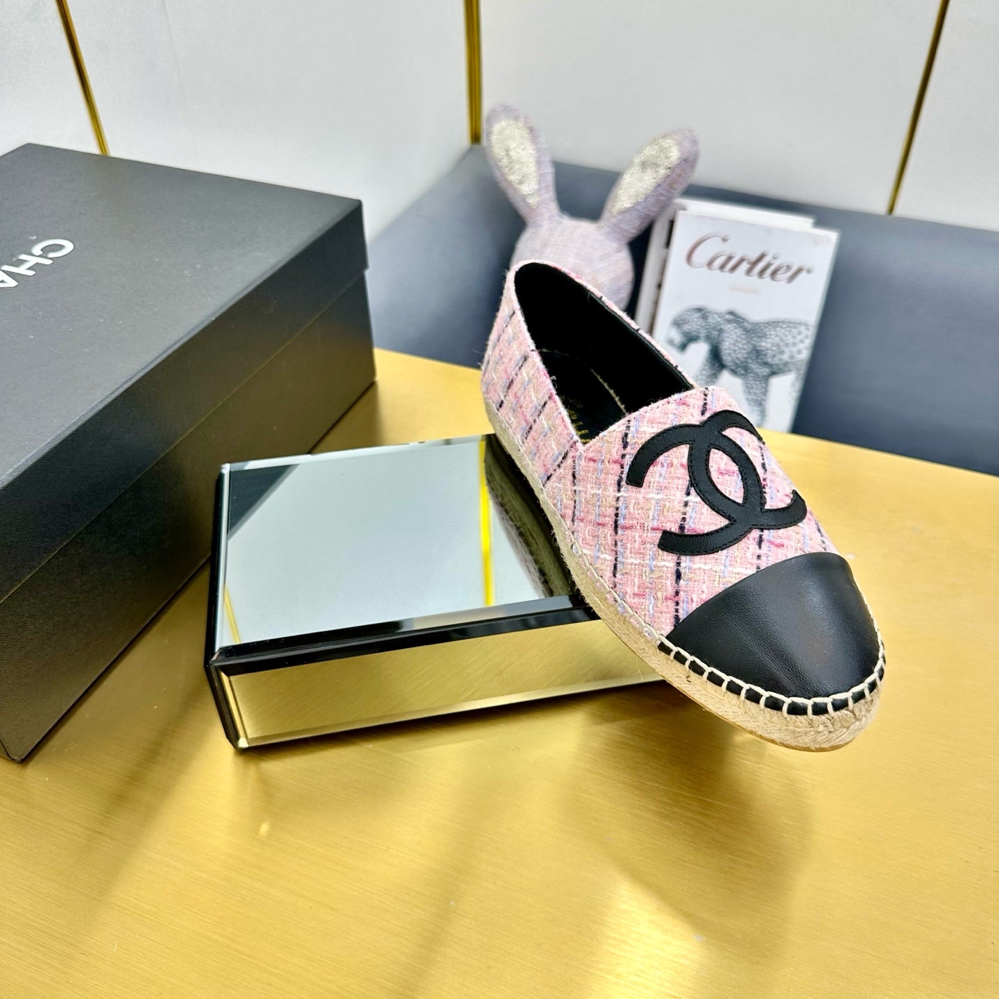 CC ESPADRILLES PLATFORM 25S IN PINK TWEED MIX BLACK CALFSKIN WITH LINED PATTERN - 34