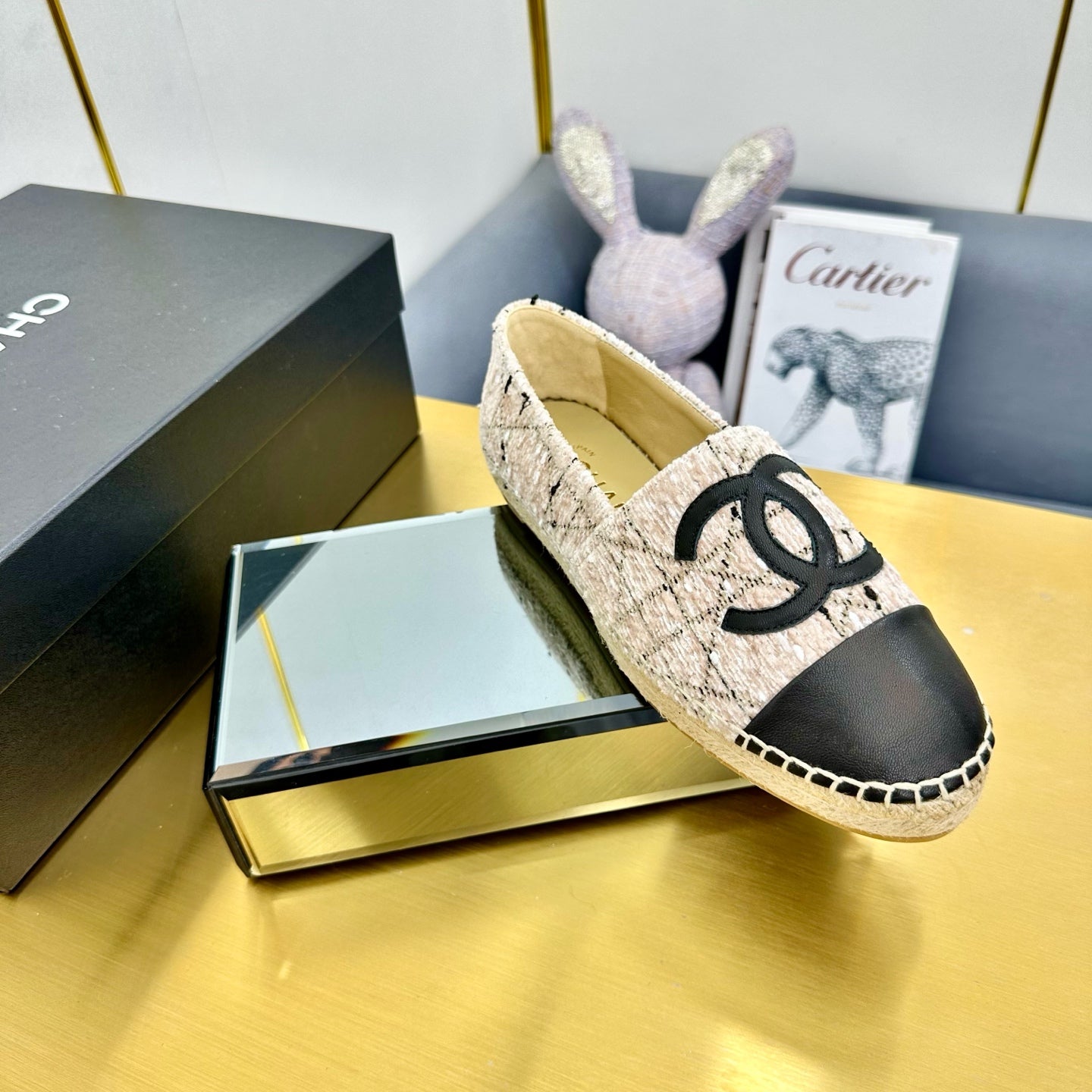 CC ESPADRILLES PLATFORM 25S IN LIGHT BEIGE TWEED MIX BLACK CALFSKIN WITH LINED PATTERN - 34