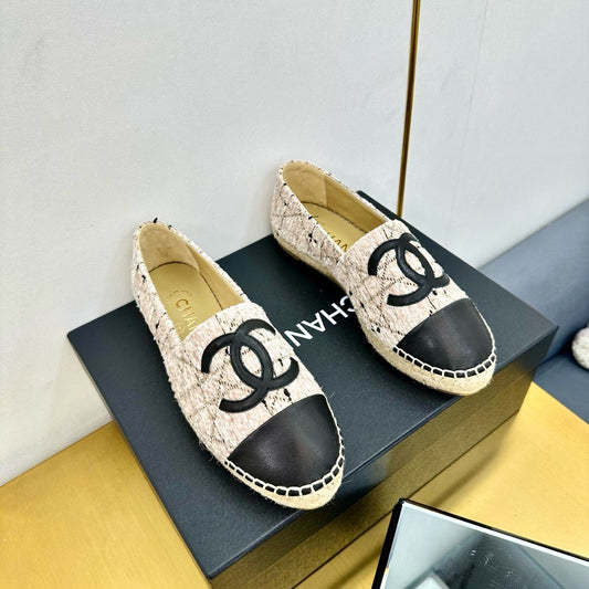 CC ESPADRILLES PLATFORM 25S IN LIGHT BEIGE TWEED MIX BLACK CALFSKIN WITH LINED PATTERN - 34