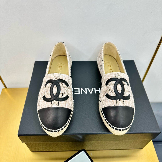 CC ESPADRILLES PLATFORM 25S IN LIGHT BEIGE TWEED MIX BLACK CALFSKIN WITH LINED PATTERN - 34