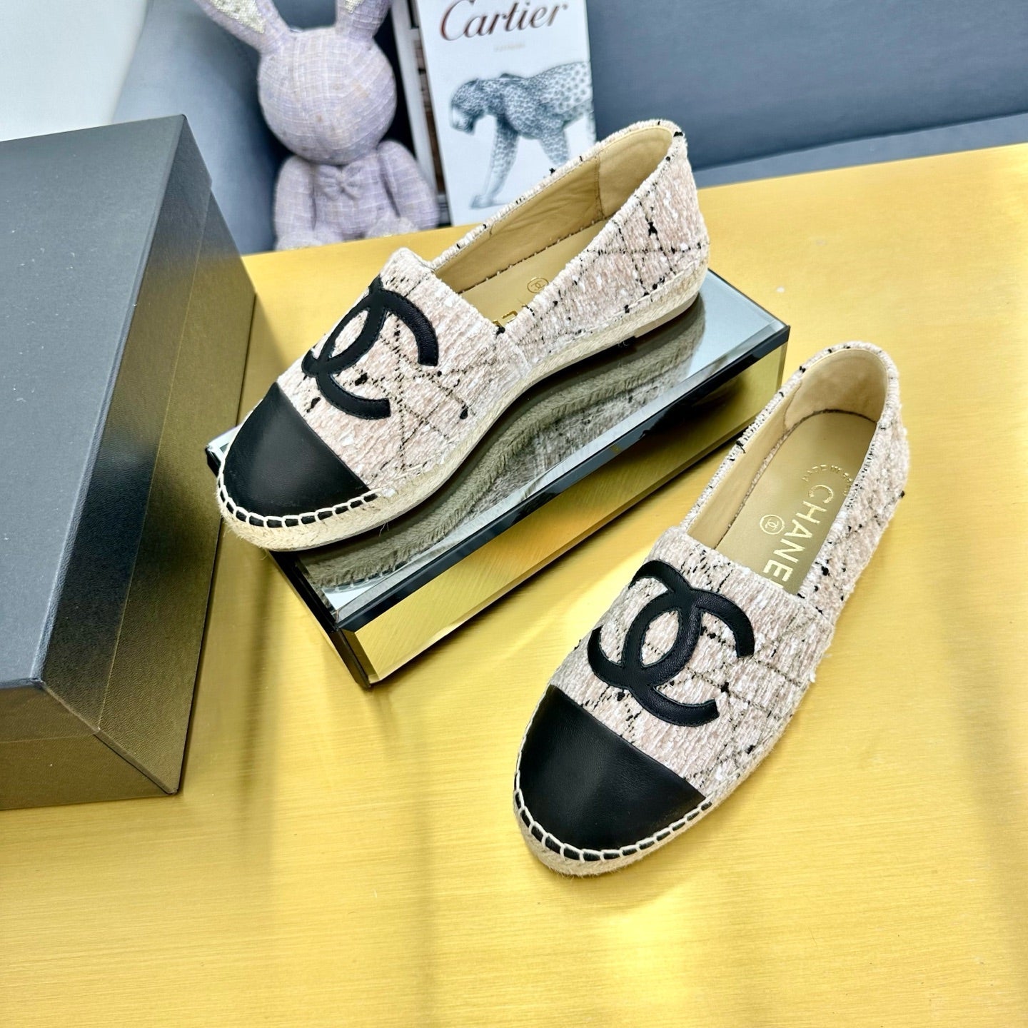 CC ESPADRILLES PLATFORM 25S IN LIGHT BEIGE TWEED MIX BLACK CALFSKIN WITH LINED PATTERN - 34