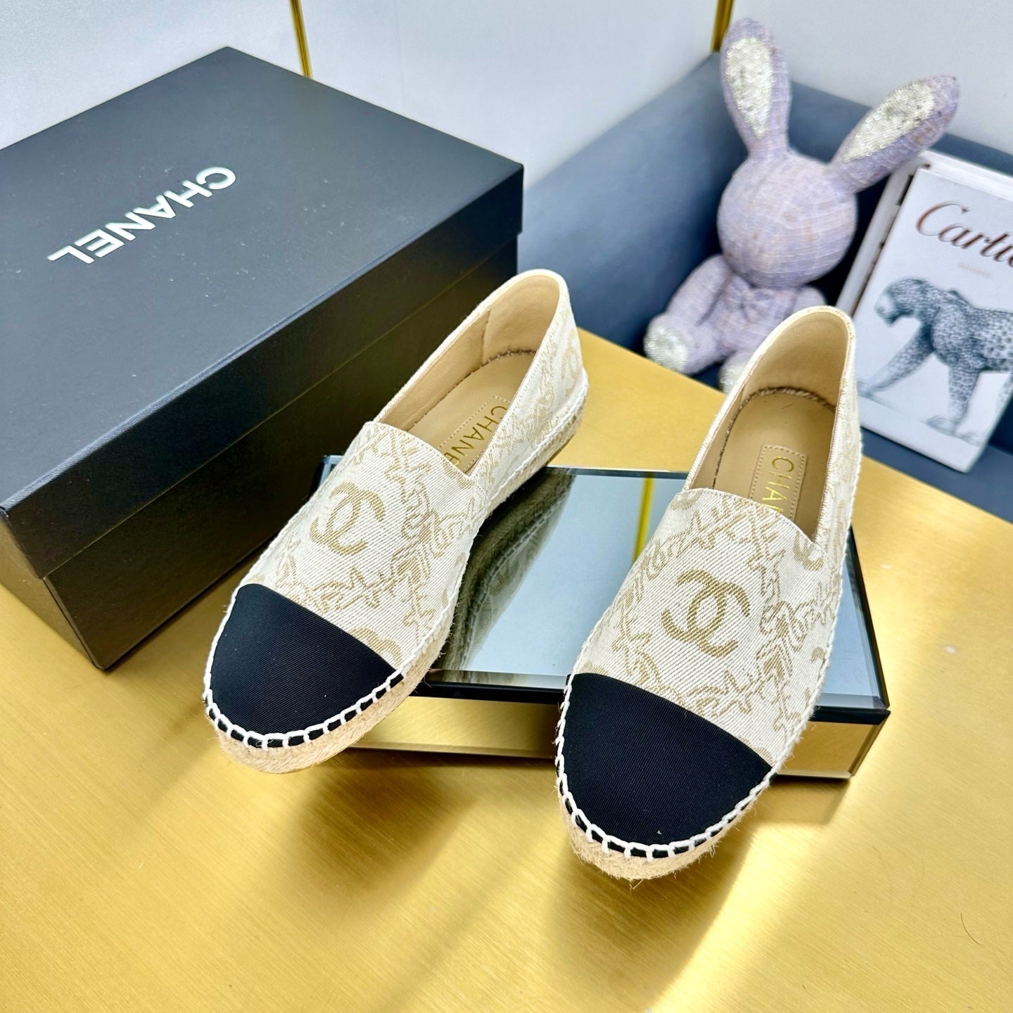 CC ESPADRILLES PLATFORM IN MOSSY BROWN MIX BLACK PATTERN FABRIC - 34