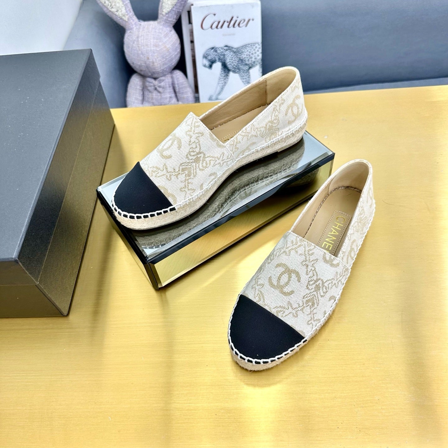 CC ESPADRILLES PLATFORM IN MOSSY BROWN MIX BLACK PATTERN FABRIC - 34