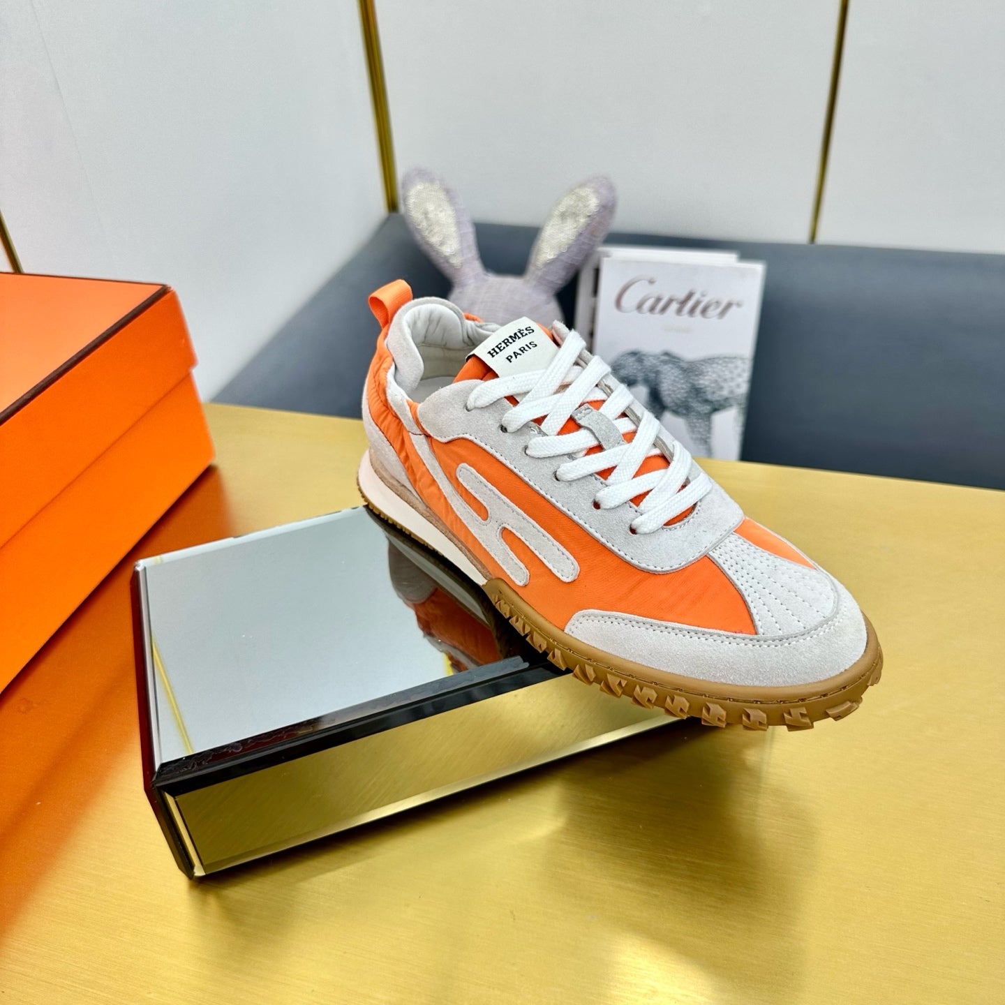 JET SNEAKER IN PALE GRAY SUEDE MIX ORANGE CALFSKIN - 35