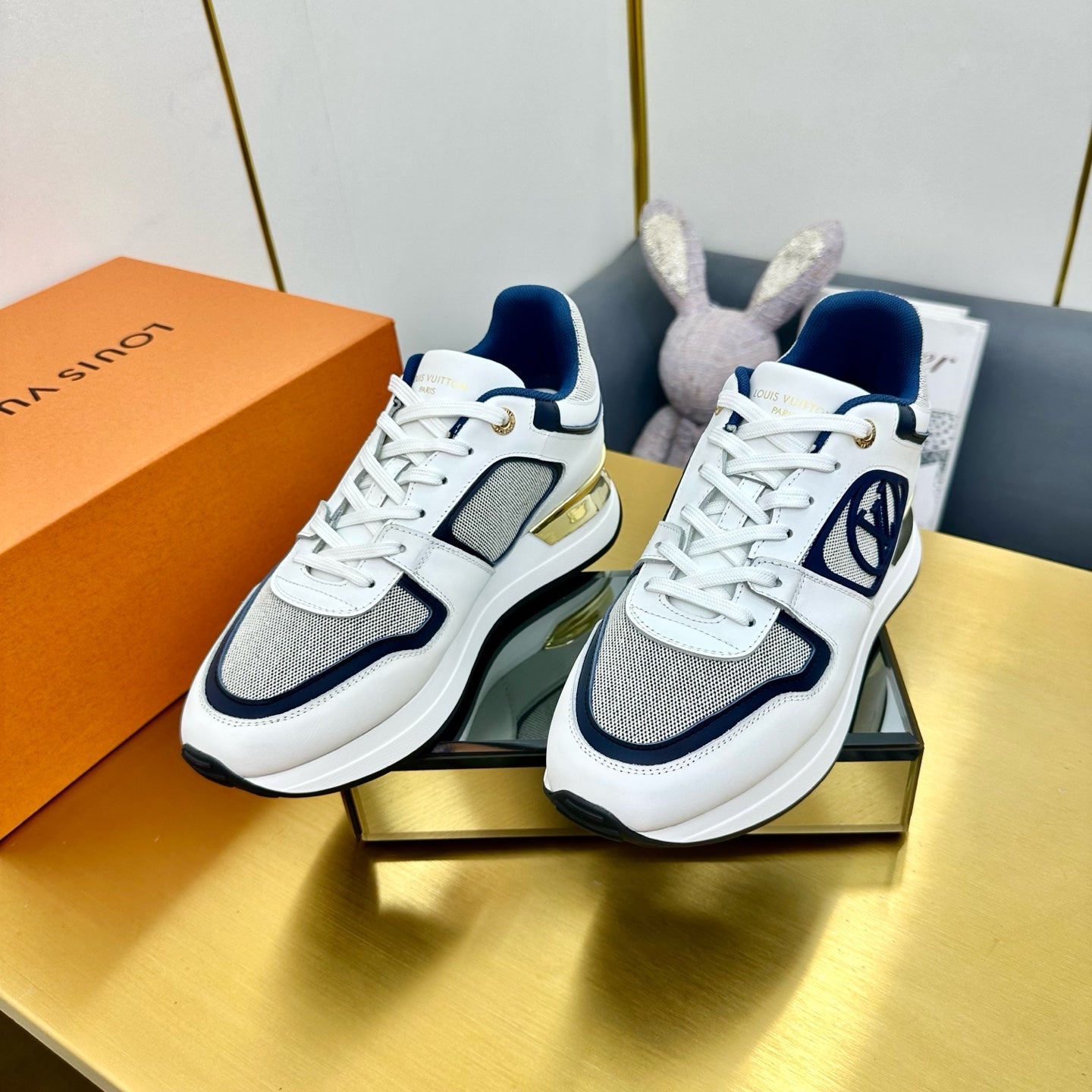 NEO RUN AWAY SNEAKER IN WHITE MIX NAVY BLUE CALFSKIN - 35