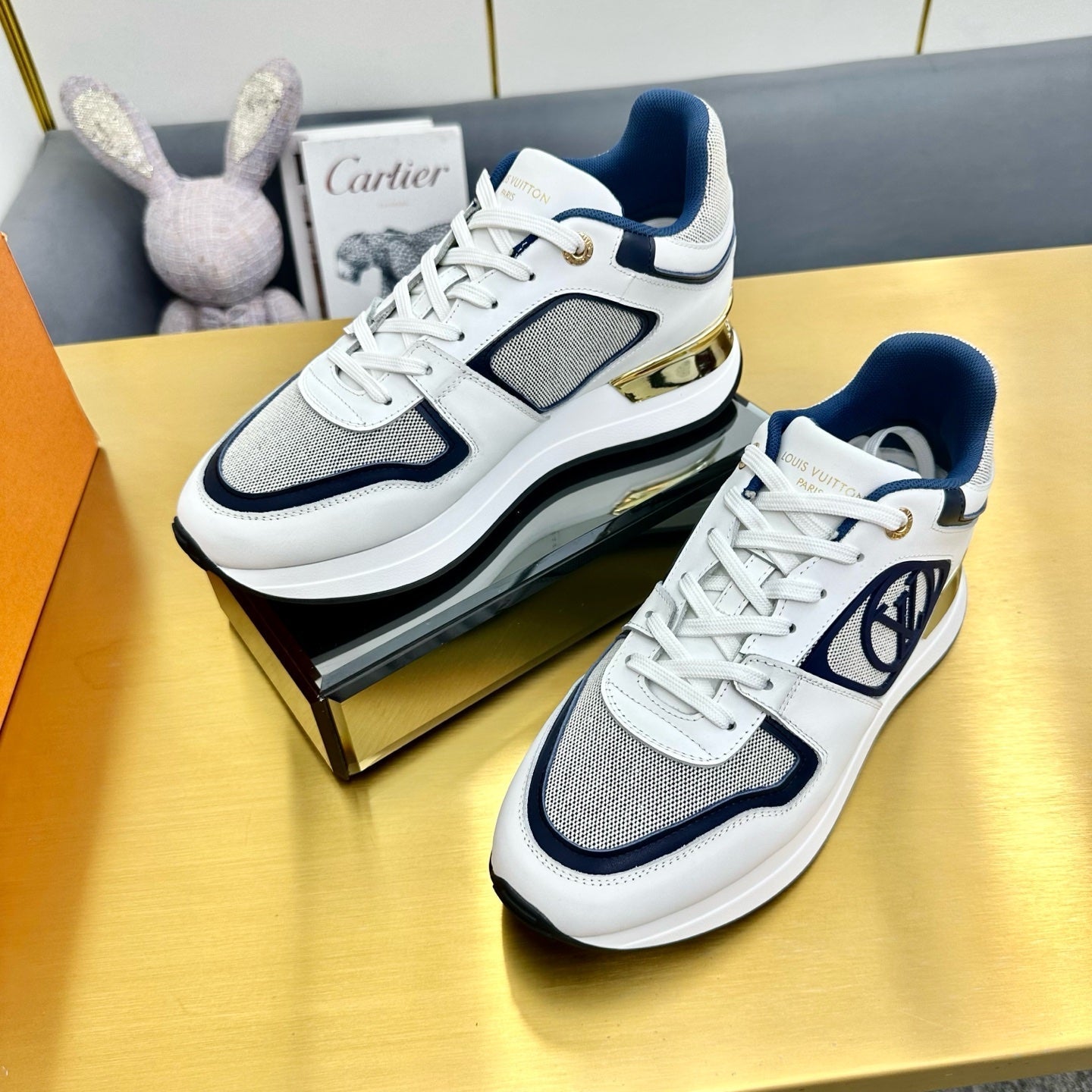 NEO RUN AWAY SNEAKER IN WHITE MIX NAVY BLUE CALFSKIN - 35